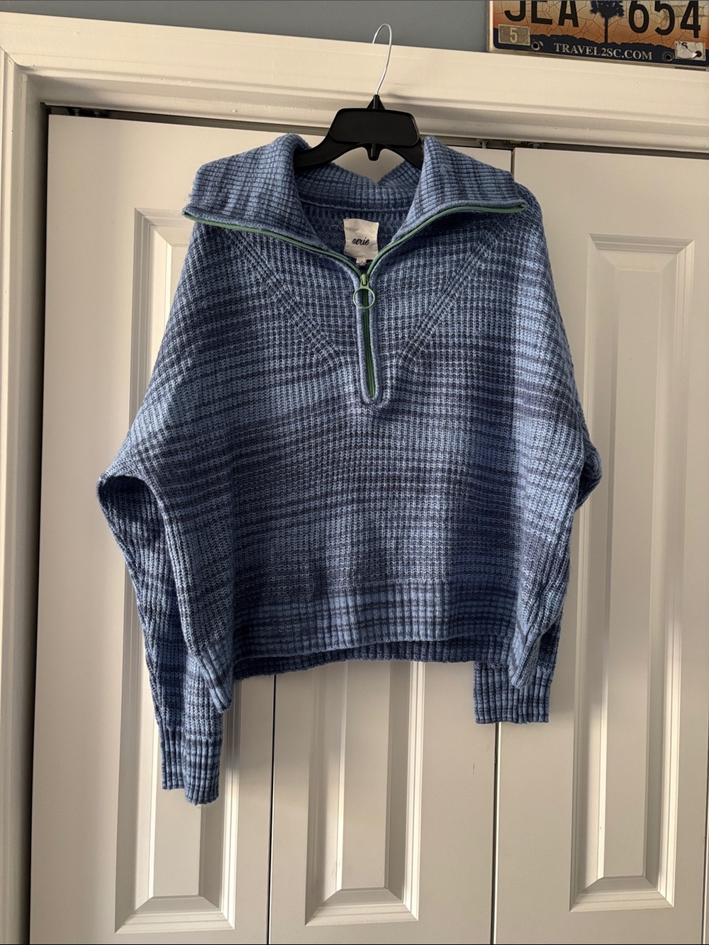Arie Soft Blue Half-Zip Waffle Knit Pullover with Green Trim